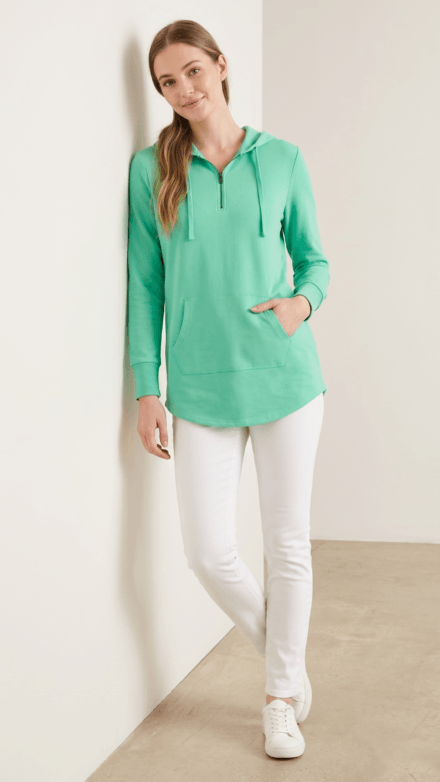 Long Sleeve 1/4 Zip Hooded Tunic Top with Kangaroo Pocket