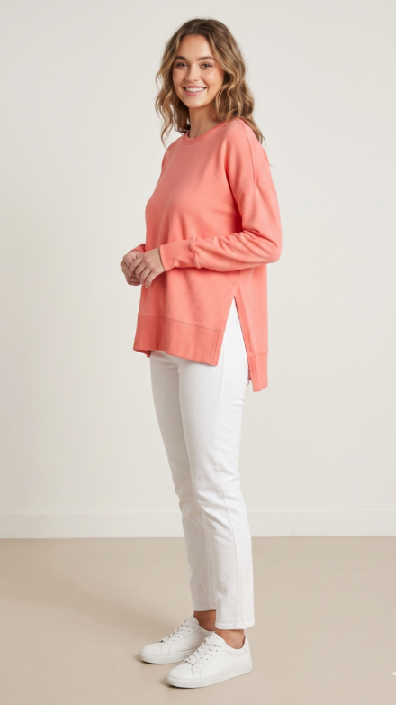 Long Sleeve Crew Neck Top with High-Low Hem and Side Slits