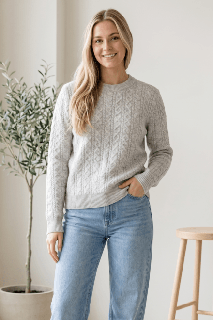 Long Sleeve Crew Neck Sweater with Cable Design