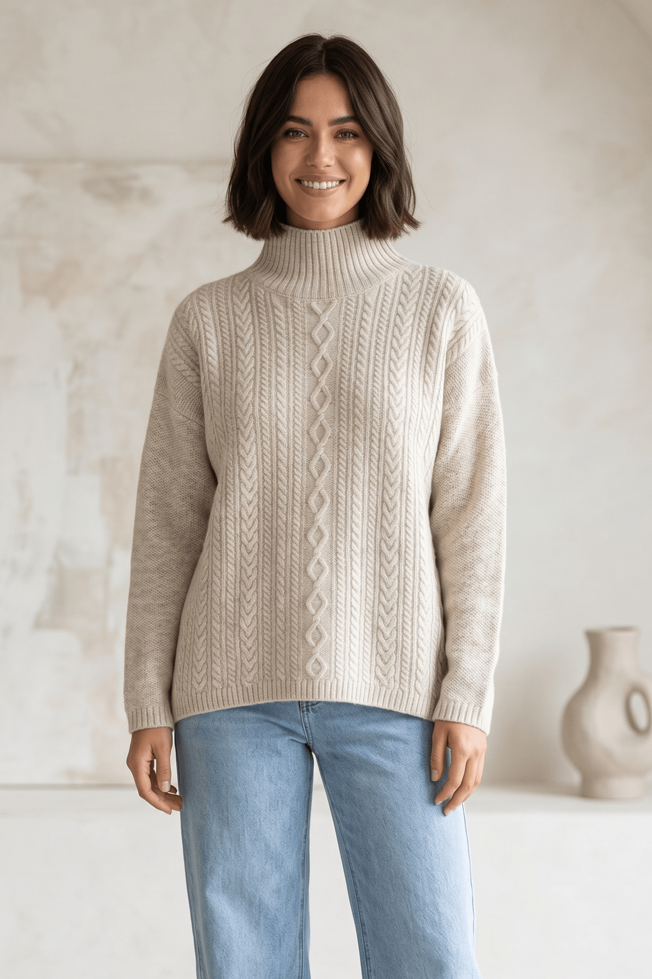 Long Sleeve Mock Neck Sweater with Front Cable Design - Image 4