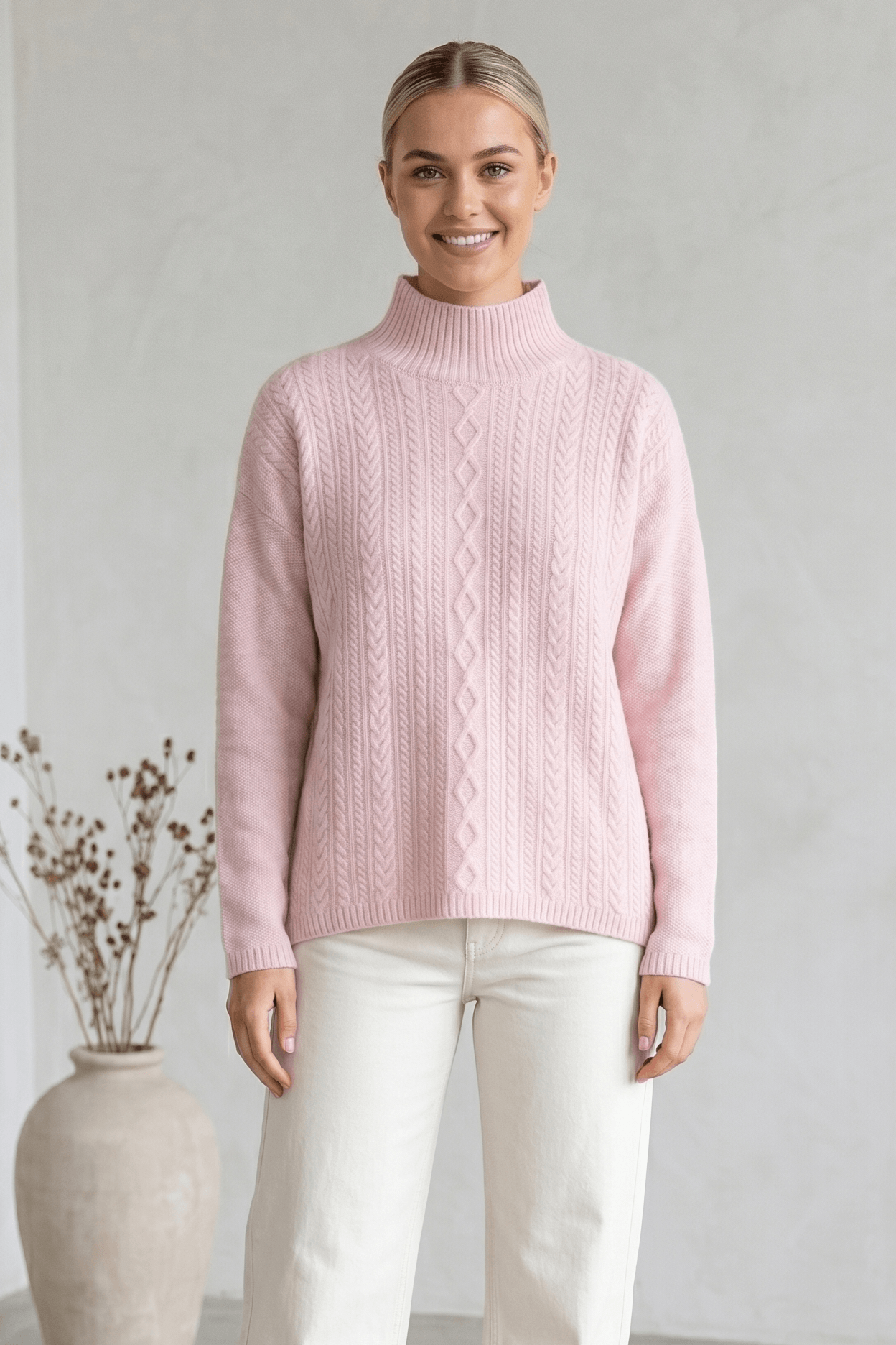 Long Sleeve Mock Neck Sweater with Front Cable Design
