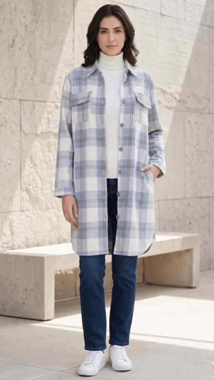 Long Body Button-Up Shirt Jacket with Chest and Side Seam Pockets