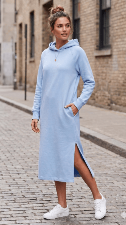 Long Sleeve Hooded Midi Dress with Side Slits and Pockets