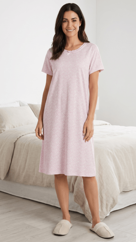 Short Sleeve Printed Scoop Neck Nightgown with Bow Detail