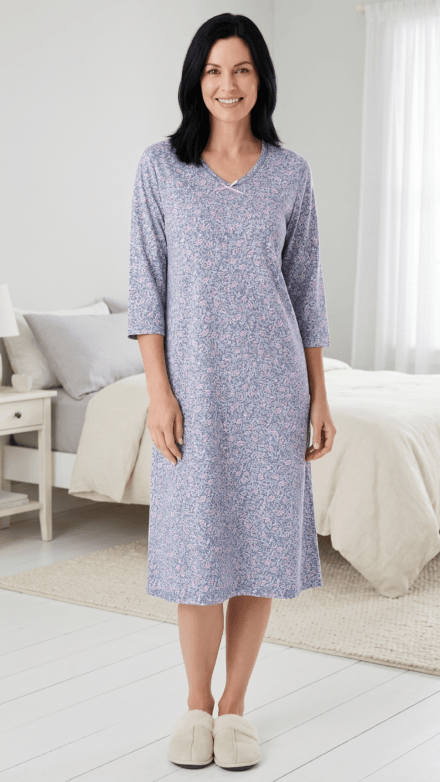 3/4 Sleeve Printed V-Neck Nightgown with Bow Detail