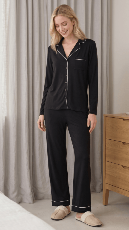 Ladies Two Piece PJ Set with Contrast Piping Detail
