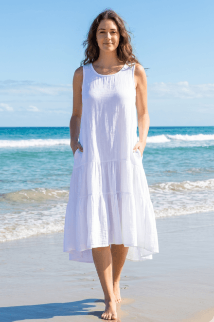 Sleeveless Midi Tiered High-Low Dress with Pockets