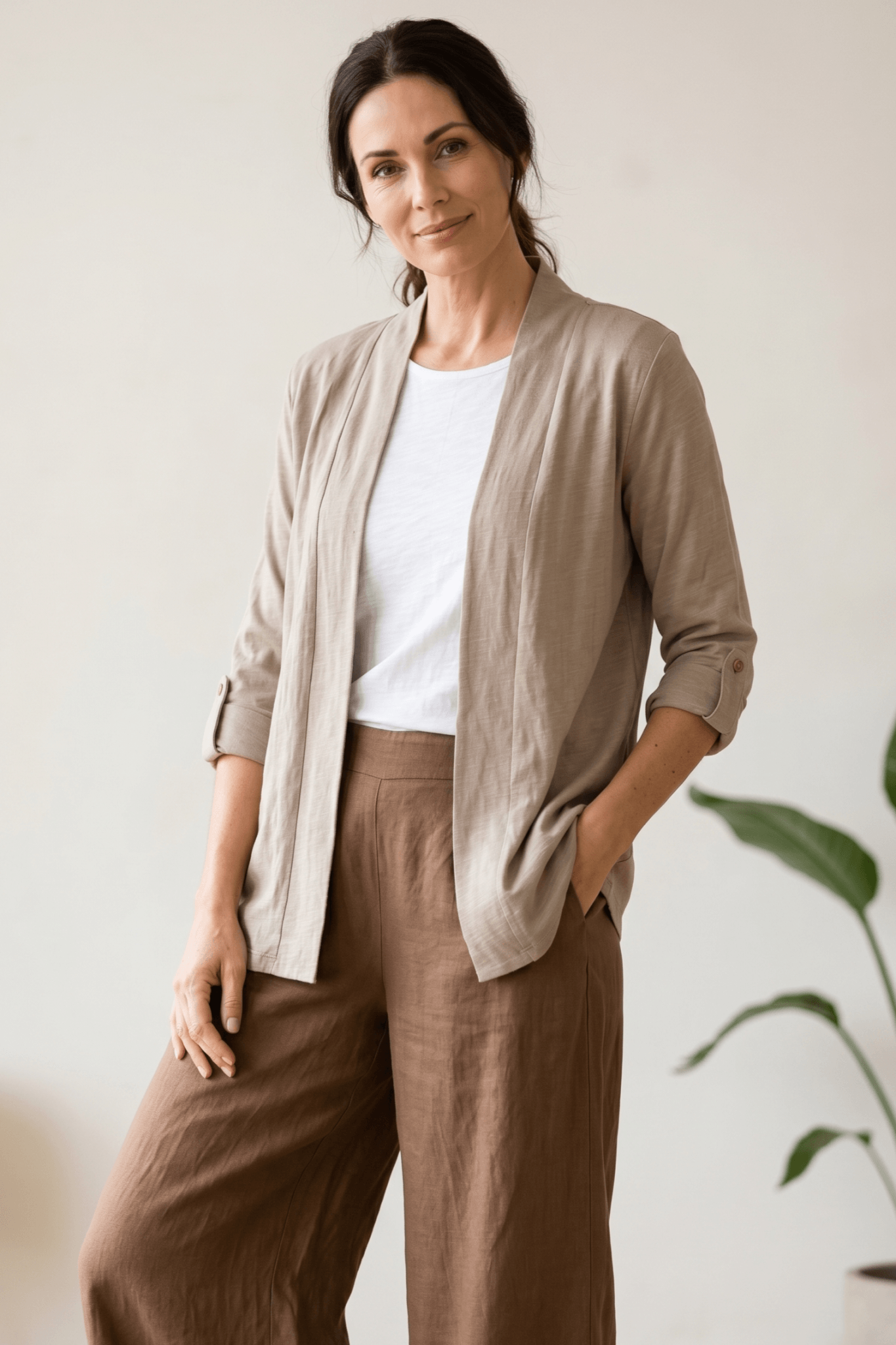 Roll-Up Long Sleeve Open Cardigan with Pockets