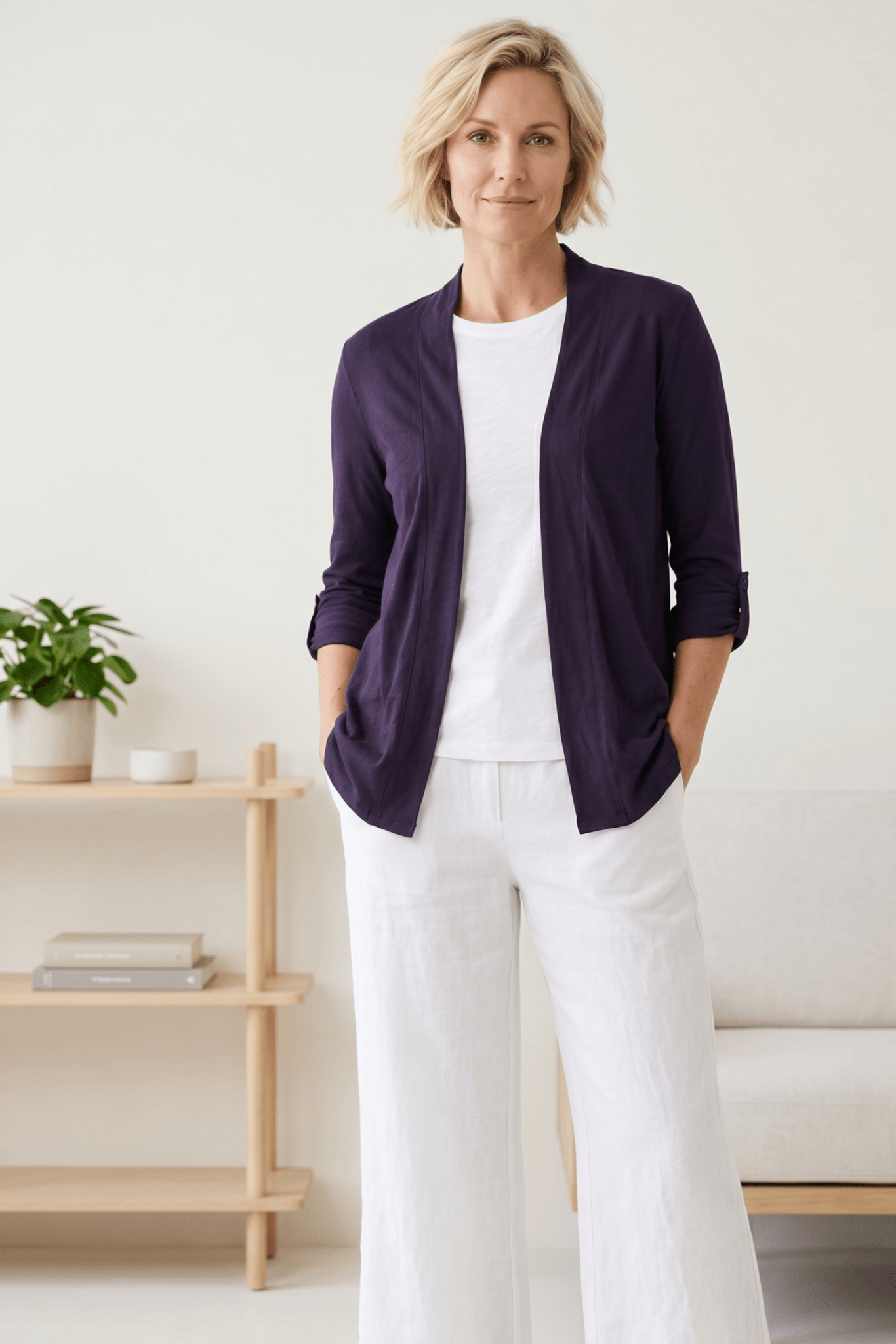 Roll-Up Long Sleeve Open Cardigan with Pockets - Image 2