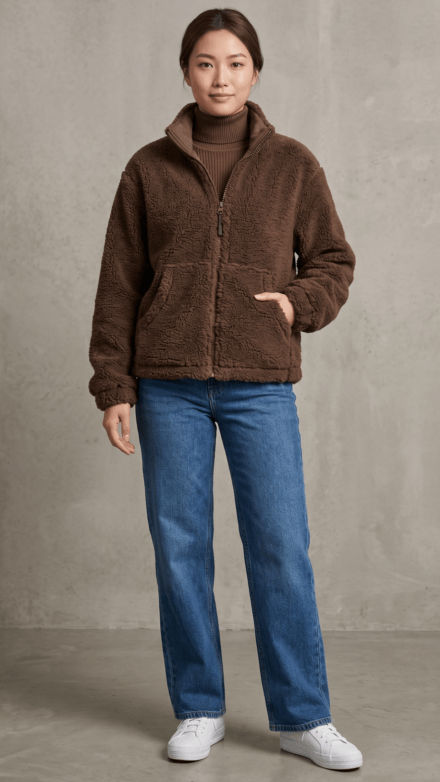 Long Sleeve Full Zip Sherpa Jacket with Pockets and Adjustable Toggle at Hem