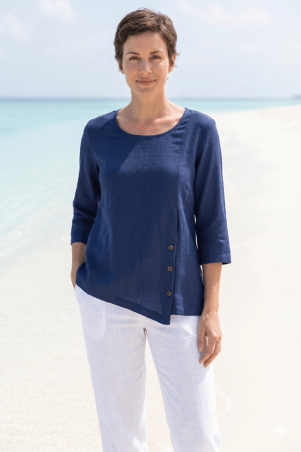 3/4 Sleeve Scoop Neck Top with Front Button Detail