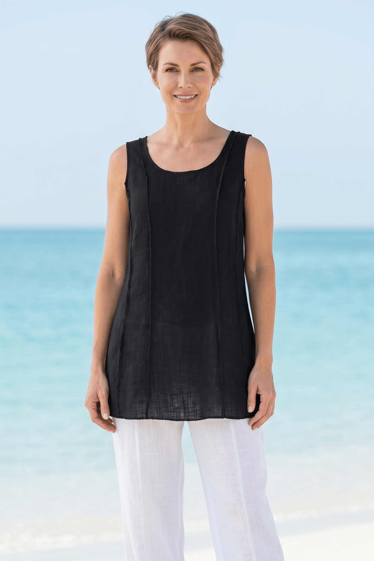 Sleeveless Scoop Neck A-Line Serge Edge Tank