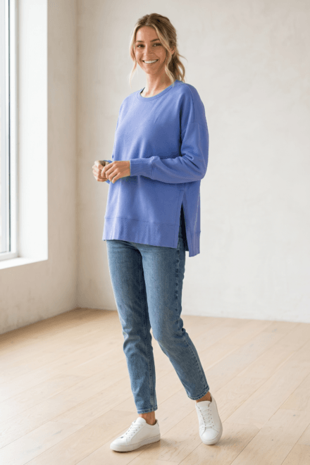 Long Sleeve Crew Neck Top with High-Low Hem and Side Slits